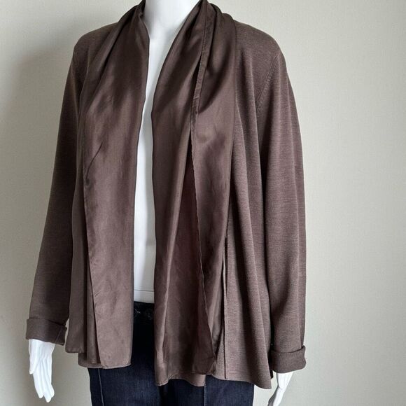 Eileen Fisher Brown Silk Trim Tie Waist Cardigan Sweater - Picture 5 of 11